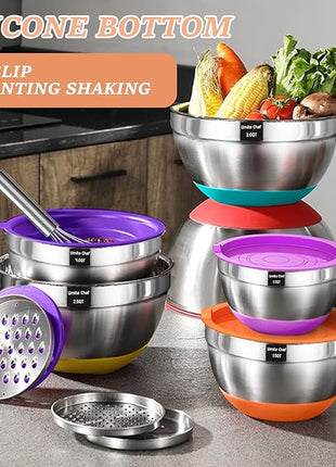Umite Chef Mixing Bowls with Airtight Lids, 26Pcs Stainless Steel Bowls Set, 3 Grater Attachments & Colorful Non-Slip Bottoms Size 7, 4, 2.5, 2.0,1.5, 1QT, Great for Mixing & Serving