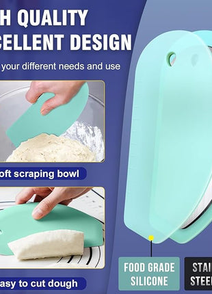 Walfos Dough Scraper Set of 3, Flexible Silicone Bowl Spatula, Kitchen Plastic Bench Dough Scraper Tool for Bread Dough, Sourdough, Cake, Fondant Icing, Blue & Teal/Aqua…