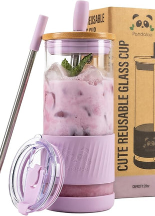 Pandaloo® Glass Cups With Lids and Straws -20 Fl Oz- Perfect Size Iced Coffee Cup - Smoothie Cup With Bamboo Lid and On the go Lid - Glass Tumbler With Straw (1 Count (Pack of 1), Lilac Rhapsody)