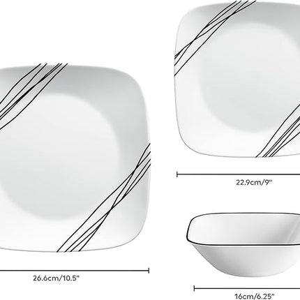 Corelle Dinnerware Set (12pc, Simple Sketch)-Dinner for 4 Includes x: Dinner Plates, Side & Bowls 3 X More Durable, Half The Space Weight of Ceramic up to 80% Recycled Glass, 1146920