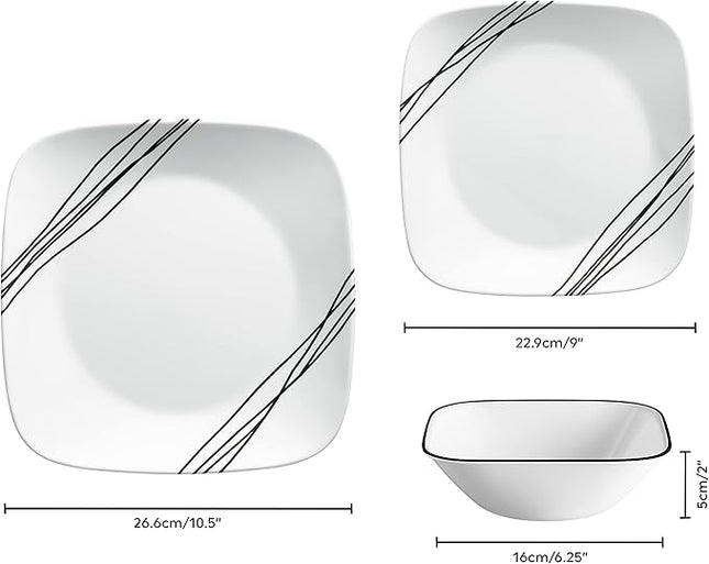 Corelle Dinnerware Set (12pc, Simple Sketch)-Dinner for 4 Includes x: Dinner Plates, Side & Bowls 3 X More Durable, Half The Space Weight of Ceramic up to 80% Recycled Glass, 1146920