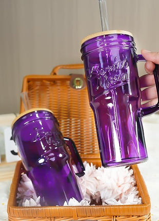 ANOTION Glass Cups with Handle, 24oz Glass Cups with Lids and Straws Travel Coffee Mug Bamboo Mason Jar Iced Cup Smoothie Tea Clear Cute Water Drinking Jars Glasses, Purple
