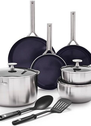 Blue Diamond 11 Piece Cookware Set, Stainless Steel Tri-Ply, Induction Compatible, Diamond Infused Ceramic Nonstick, PFOA and PFAS Free, Dishwasher Safe, Metal Utensil Safe, Scratch Resistant, Silver