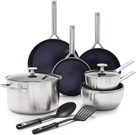 Blue Diamond 11 Piece Cookware Set, Stainless Steel Tri-Ply, Induction Compatible, Diamond Infused Ceramic Nonstick, PFOA and PFAS Free, Dishwasher Safe, Metal Utensil Safe, Scratch Resistant, Silver