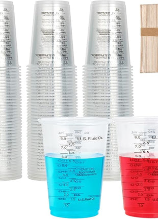 100 PACK Plastic Measuring Cups, 10 oz Disposable Mixing Cups with 100 Wooden Mixing Sticks, Can Be Used for Epoxy Resin, Liquid Measuring, Paint, Cooking and Baking