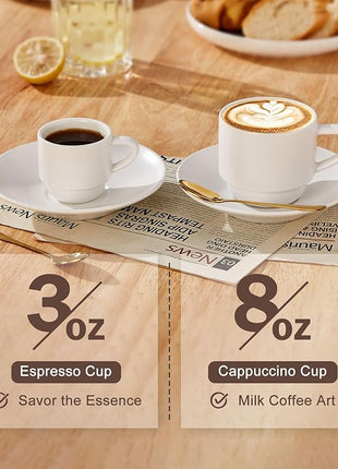 Lareina 8 Ounce Porcelain Cappuccino Cups Set of 4, Stackable Coffee Cups with Saucers, Spoons and Metal Stand -for Specialty Coffee Drinks, Cappuccino, Latte, Americano and Tea, White