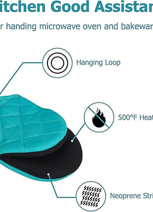 1 Pair Short Oven Mitts, Heat Resistant Silicone Kitchen Mini Oven Mitts for 500 Degrees, Non-Slip Grip Surfaces and Hanging Loop Gloves, Baking Grilling Barbecue Microwave Machine Washable