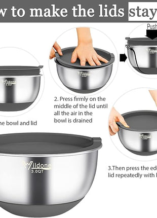 Wildone Mixing Bowls with Airtight Lids, 22 PCS Stainless Steel Mixing Bowls Set, 3 Grater Attachments, Measurement Marks & Non-Slip Bottom, Size 5, 4, 3, 2,1.5, 0.63QT, Ideal for Mixing & Prepping