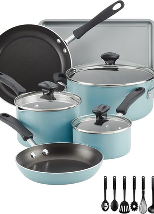 Farberware Cookstart DiamondMax Nonstick Cookware/Pots and Pans Set, Dishwasher Safe, Includes Baking Pan and Cooking Tools, 15 Piece - Aqua