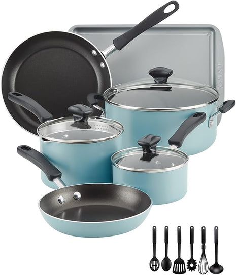 Farberware Cookstart DiamondMax Nonstick Cookware/Pots and Pans Set, Dishwasher Safe, Includes Baking Pan and Cooking Tools, 15 Piece - Aqua