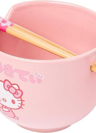 Silver Buffalo Sanrio Hello Kitty Strawberry Milk Japanese Character Ceramic Ramen Noodle Rice Bowl with Chopsticks, Microwave Safe, Pink, 20 Ounces