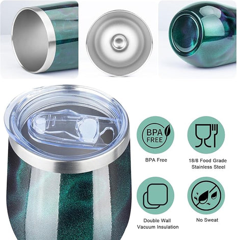 MEZMUT 12 Oz Insulated Wine Tumbler with Lid Double Wall Vacuum Stainless Steel Wine Glass Coffee Mug Insulated Tumbler Cup for Champaign, Cocktail, Beer (Deep Green, 1 Pack)