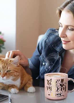 Cat Mom Gifts for Women, Cat Gifts for Cat Lovers - Best Cat Mom Ever - 14oz Pink Ceramic Marble Gold Pattern Coffee Mug with Gift Box, Christmas gifts for Crazy Cat Lady, Mom Wife Daughter Friends