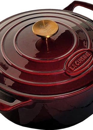 La Cuisine Enameled Cast Iron Dutch Oven Casserole Dish Pot with Lid, 5 QT 10.3“ /26cm Dia. Internal Matte Black Enamel Coating Gold-Plated SS Lid Handle Oven Safe up to 500° F, Cranberry