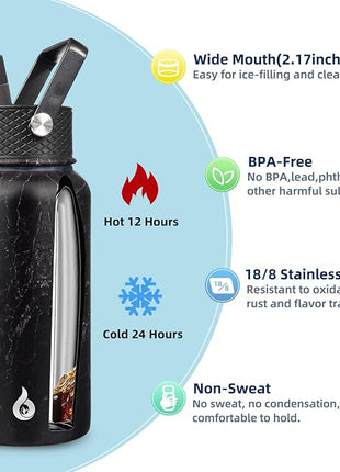 BJPKPK Insulated Water Bottles with Straw Lid, 27oz Stainless Steel Water Bottle with 3 Lids, Leak Proof BPA Free Metal Thermo, Mugs, Tumblers, Keep Cold Hot -Midnight