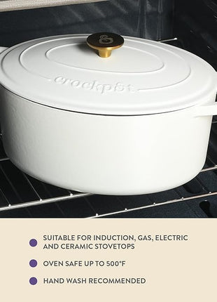 Crock Pot Artisan 7-Quart Oval Dutch Oven With Lid, Enameled Cast Iron, Linen White With Gold Knob, Heavy-Duty Cookware for Baking, Braising, Roasting & Slow Cooking