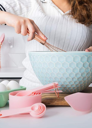Copper and Pink Kitchen Utensils Set - 17-Piece Silicone Cooking Tools with Copper Utensil Holder and Pink Measuring Cups and Spoons for Baking and Everyday Cooking - Stylish Kitchen Accessories