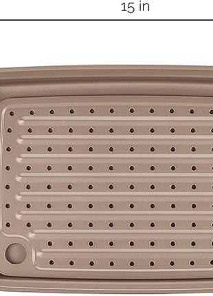 Rachael Ray Cucina Nonstick Bakeware Set with Grips, Nonstick Cookie Sheet / Baking Sheet with Crisper Pan - 2 Piece, Latte Brown with Cranberry Red Handle Grips