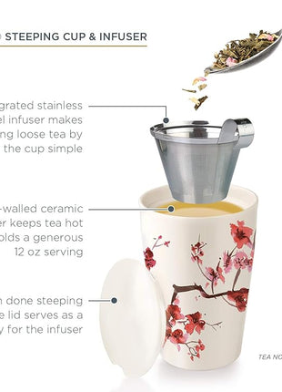 Tea Forte Double-Walled Ceramic Kati Cup, Removable Stainless Steel Infuser Basket and Lid, Steeps 12 oz Loose Leaf Tea, Dishwasher & Microwave Safe, Cherry Blossom