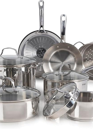 T-fal Stainless Steel Cookware Set, 11 Piece, Induction Cookware, Oven Safe to 500°F, Kitchen Cooking Set w/Fry Pans, Pots and Pans, Dutch Oven, Saucepans, Kitchen Essentials, Silver
