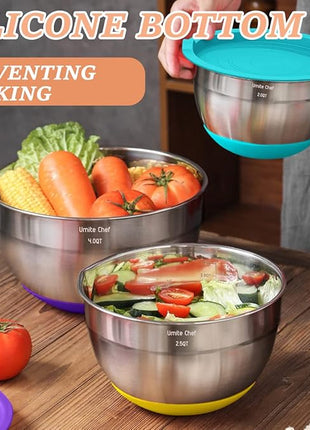 Umite Chef Mixing Bowls with Airtight Lids, 26Pcs Stainless Steel Bowls Set, 3 Grater Attachments & Colorful Non-Slip Bottoms Size 7, 4, 2.5, 2.0,1.5, 1QT, Great for Mixing & Serving