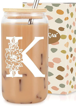 Coolife Initial Glass Cup, Monogrammed Gifts for Women, 16 oz Glass Cups w/Lids Straws, Iced Coffee Smoothie Beer Tumbler w/Straw Lid - Personalized Christmas, Birthday Gifts for Her Mom Friend Woman