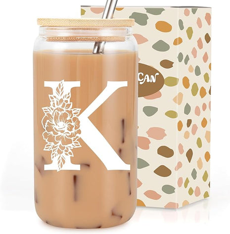 Coolife Initial Glass Cup, Monogrammed Gifts for Women, 16 oz Glass Cups w/Lids Straws, Iced Coffee Smoothie Beer Tumbler w/Straw Lid - Personalized Christmas, Birthday Gifts for Her Mom Friend Woman