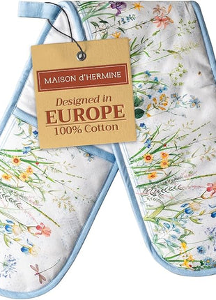 Maison d' Hermine Double Oven Mitts 100% Cotton 7"x35" Double Oven Mitt Heat Resistant BBQ Cooking Gloves with Loop, Baking, Grilling, Home, Kitchen, Handling Hot Pans Spring Summer (Fleurs De Mai)