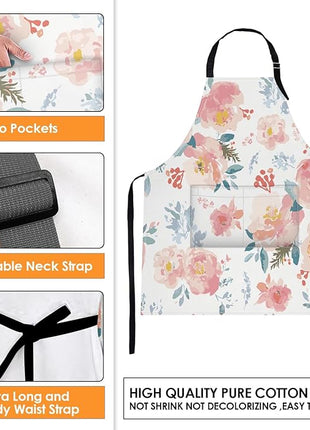 Britimes Apron Home Kitchen Cooking Baking Gardening for Women Men With Pockets Romantic Floral Flower Rose Pink 32x28 inch