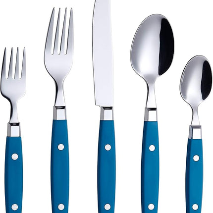 ANNOVA Silverware Set, Retro/Rivet Colorful Stainless Steel Tableware Kitchen Flatware Set Utensils, Includes Dinner Knives, Forks, Spoons, Salad Forks & Dessert Spoons (Blue, 20 Pieces)