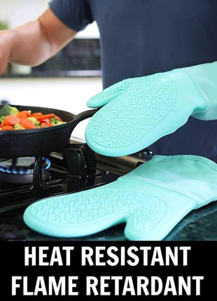 HOMWE Silicone Oven Mitts and Pot Holders, 4-Piece Set, Heavy Duty Cooking Gloves, Kitchen Counter Safe Trivet Mats, Advanced Heat Resistance, Non-Slip Textured Grip (Aqua Turquoise)