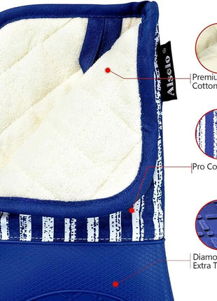 Silicone Oven Mitts Heat Resistant 932℉ with Waterproof & Non-Slip Kitchen Mittens, Set of 2 Extra Long Oven Gloves with Soft Cotton Terry Lining for Baking Cooking Barbecue (Cobait Blue, 2)