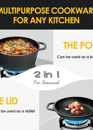 2-in-1 Pre-Seasoned Cast Iron Dutch Oven Pot with Skillet Lid Cooking Pan, Cast Iron Skillet Cookware Pan Set with Dual Handles, Indoor Outdoor for Bread/Frying/Baking/Camping/BBQ, 5 Qt