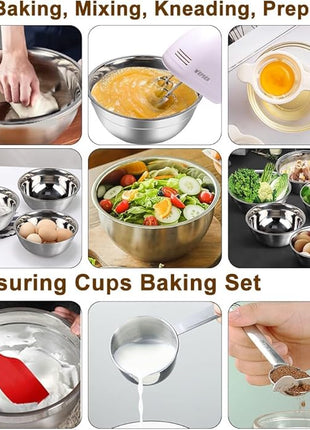 5-Speed Electric Hand Mixer, 4 Large Mixing Bowls Set, Handheld Mixers with Whisks Beater, Stainless Steel Metal Nesting Bowl Measuring Cups Spoons Kitchen Cake Blender for Baking Supplies