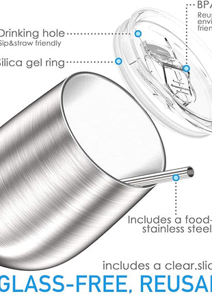 THILY Metal Stemless Insulated Wine Glass T1 Triple-insulated Stainless Steel Wine Tumbler with Lid and Straw, Reusable, Keep Cold & Hot for Wine, Coffee, Drinks, Champagne, Beverage, Silver