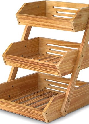 3 Tier Wooden Fruit Basket For Kitchen, Bread Vegetable Fruit Basket Bowl Stand, Farmhouse Fruit Bowl for Countertop, Large