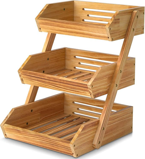 3 Tier Wooden Fruit Basket For Kitchen, Bread Vegetable Fruit Basket Bowl Stand, Farmhouse Fruit Bowl for Countertop, Large