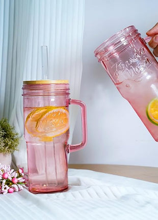 ANOTION Glass Cups with Handle, 24oz Glass Cups with Lids and Straws Travel Coffee Mug Bamboo Mason Jar Iced Cup Smoothie Tea Clear Cute Water Drinking Jars Glasses