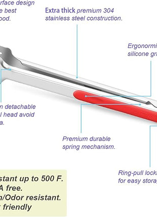 Premium 304 Stainless Steel Barbecue Turners, Heavy Duty Non-Stick BBQ Cooking Kitchen Tongs, 9" and 12" Red
