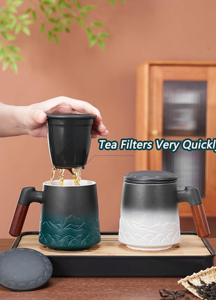ZENS Tea Cup with Infuser and Lid for Loose Leaf Steeping, 16.9oz Embossed Ceramic Tea Infuser Mug, Wood Handle Tea Diffuser, Great Gift