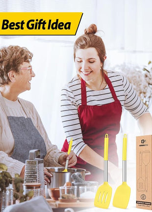 Pack of 2 Silicone Solid Turner, Non Stick Slotted Kitchen Spatulas, High Heat Resistant BPA Free Cooking Utensils, Ideal Cookware for Fish, Eggs, Pancakes(Yellow)