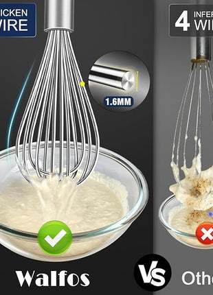 Walfos Whisk,304 Stainless Steel whisk,No-Rust 7+9+11inch Whisks for cooking Nice for Blending,Whisking,Beating.Heat resistant 600°F Dishwasher Safe. Heavy duty kitchen whisk.17.7+22.8+27.9cm -SILVER