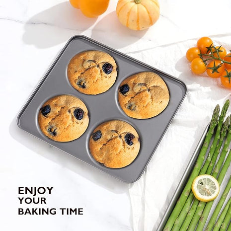 HONGBAKE Large Muffin Top Pan Set of 2, 4 Cup Nonstick Hamburger Bun Baking Pan, Jumbo Whoopie Pie Pan for Egg Sandwich, Cornbread, Layer Cake