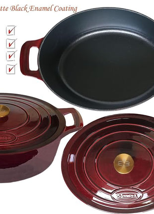 La Cuisine Enameled Cast Iron Oval Dutch Oven Casserole Dish Pot with Lid 5 QT Internal Matte Black Enamel Coating, Cranberry, Gold-Plated Stainless Steel Lid Handle, Oven Safe