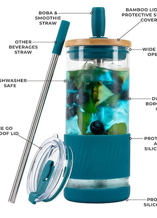 Pandaloo® Glass Cups With Lids and Straws -20 Fl Oz- Perfect Size Iced Coffee Cup - Smoothie Cup With Bamboo Lid and On the go Lid - Glass Tumbler (2 Count (Pack of 1), Boysenberry-Intense Teal)