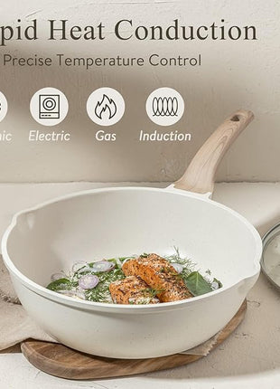 CAROTE 16 Piece Pots and Pans Set Nonstick, White Granite Cookware Sets Induction Cookware, Non Stick Cooking Set w/Frying Pans & Saucepans (PFOS, PFOA Free)