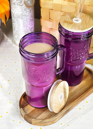 ANOTION Glass Cups with Handle, 24oz Glass Cups with Lids and Straws Travel Coffee Mug Bamboo Mason Jar Iced Cup Smoothie Tea Clear Cute Water Drinking Jars Glasses, Purple