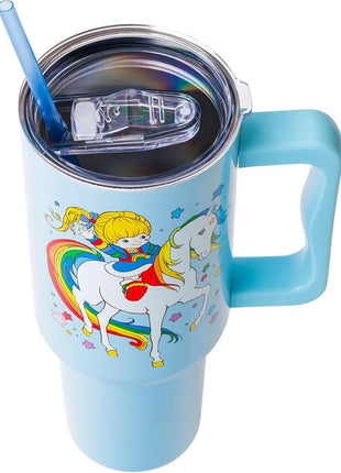 Silver Buffalo Rainbow Brite Featuring Starlite Stars Stainless Steel Tumbler with Handle and Straw, Fits in Standard Cup Holder, 40 Ounces