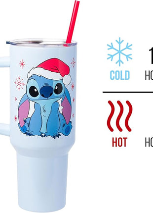 Silver Buffalo Disney Lilo and Stitch Christmas Holiday Santa Hat and Snowflakes Stainless Steel Tumbler with Handle and Straw, Fits in Standard Cup Holder, 40 Ounces