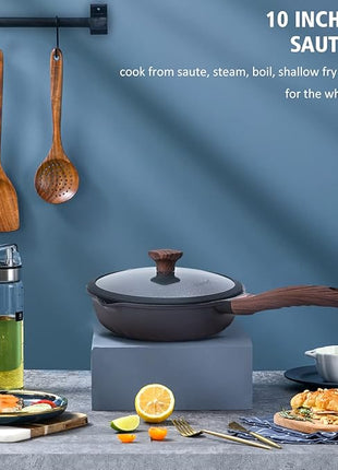 Vinchef Nonstick Deep Frying Pan Saute Pan with Lid, 10in/3Qt Skillet Pan, German 3C+ Ceramic Coating Technology, Aluminum Casting, Induction Compatible